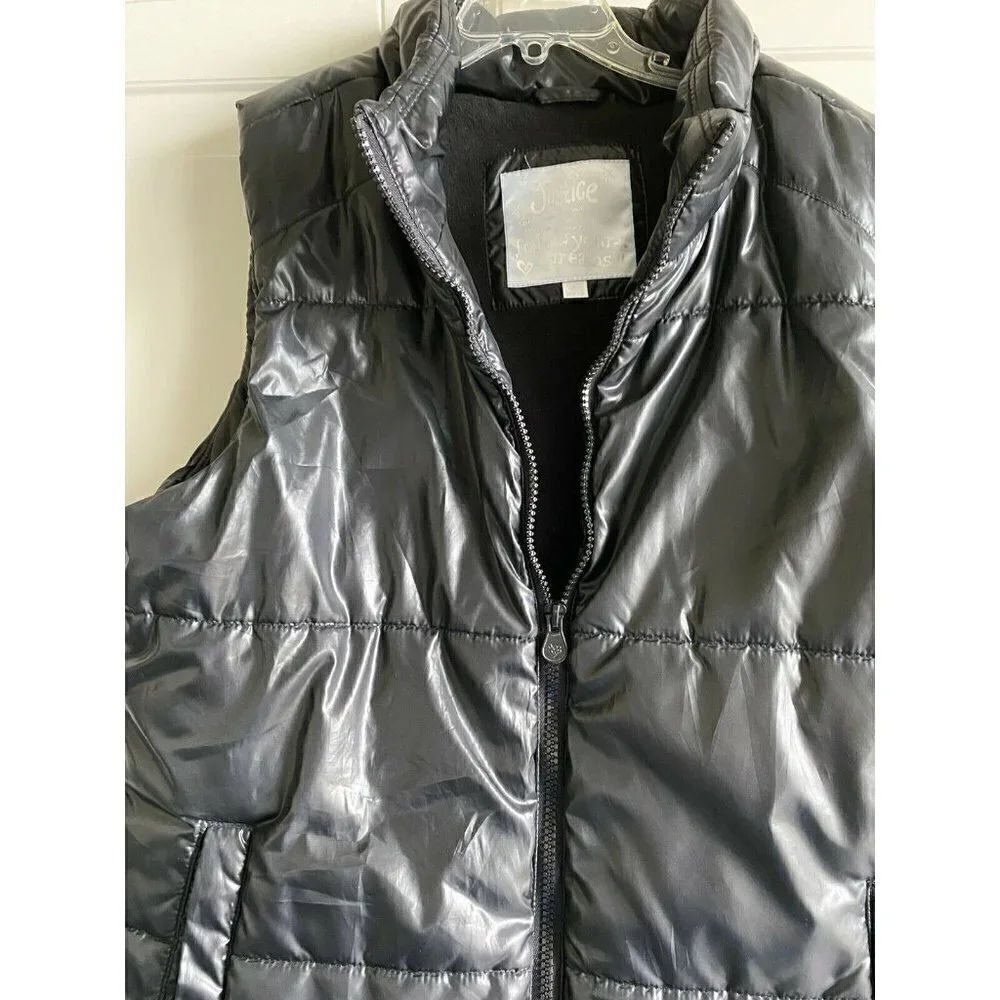 Justice Girl’s 16/18 Black Shiny Puffer Zip‎ Vest